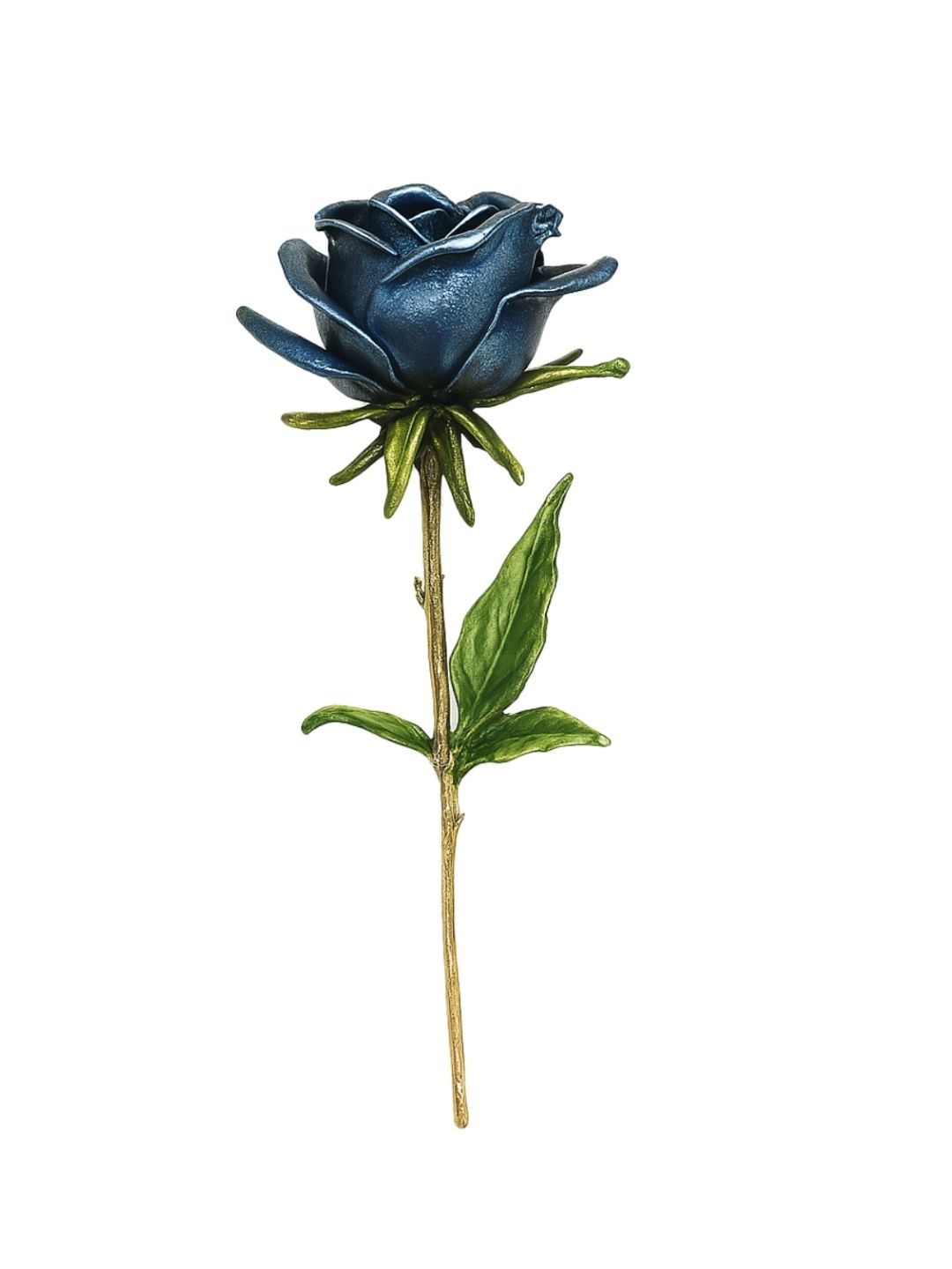 Blue Rose Floral Brooch with Gold Stem