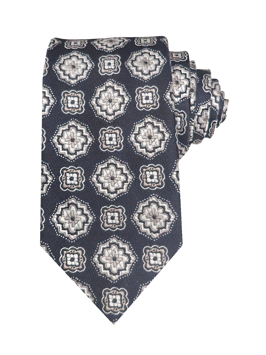 Navy Blue Jacquard Tie with White Floral Medallion Design